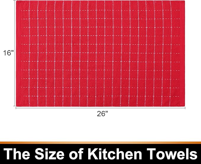 Mordimy 100% Cotton Terry Cloth Kitchen Towels, Super Soft and Absorbent Dish Towels for Drying, Checkered Designed Hand Towels for Kitchen, 16 x 26 Inches, 4 Pack, Red