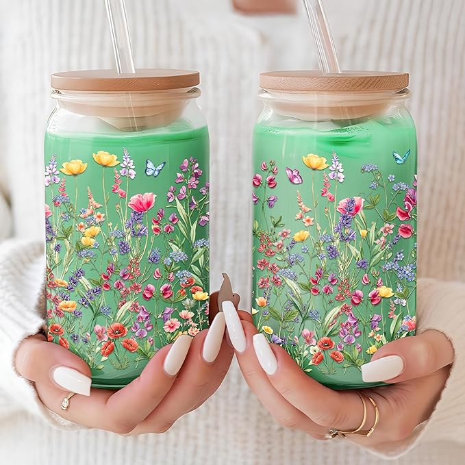 Floral Glass Cups with Lids and Straws 16 Oz Flower Iced Coffee Cup Cute Wildflower Drinking Glasses Birthday Mothers Day Valentines Christmas Flowers Gifts for Women Her Mom Friends