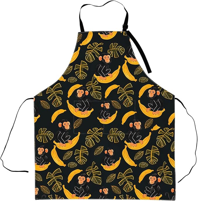 Cartoon Monkey and Banana Apron,Adjustable Waterproof Oxford Fabric Kitchen Apron with 2 Pockets for Men and Women, Cooking, Baking, BBQ, Coffee Shop, Housewarming Gifts, 28x33 Inches