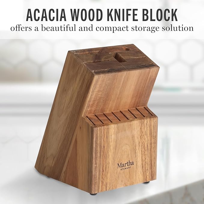 Martha Stewart 16 Piece Lockton High Carbon Stainless Steel Cutlery Kitchen Knife Block Set W/ABS Tripe Riveted Forged Handle Acacia Wood Block - Linen White W/Gold