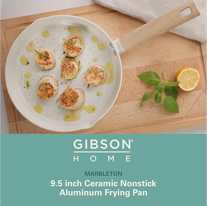 Gibson Home Marbleton 9.5 Inch Aluminum Fry Pan Cookware Non-Toxic Premium Ceramic Non Stick Frying Pan, Kitchen Egg Pan, Omelet Pan, Always Pan, Pots and Pans, Taupe, Induction Safe