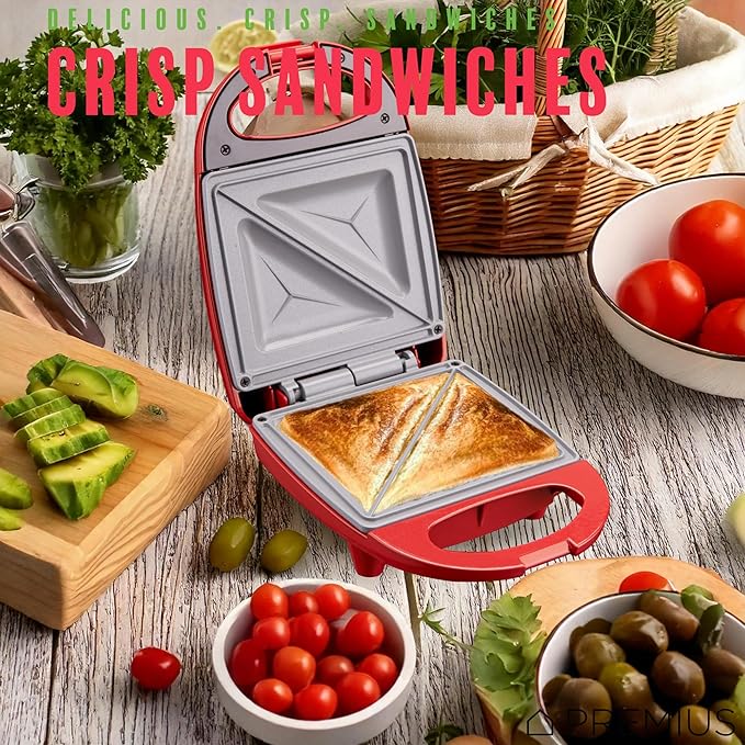 Ceramic NonStick Mini Snack Sandwich Maker, Indicator Light, 5x4.4 Inch Mold, Great for French Toast, Tuna Melt, Egg & Grilled Cheese, Pancake Sandwich, Desserts, Toasties, 520 W (Red)