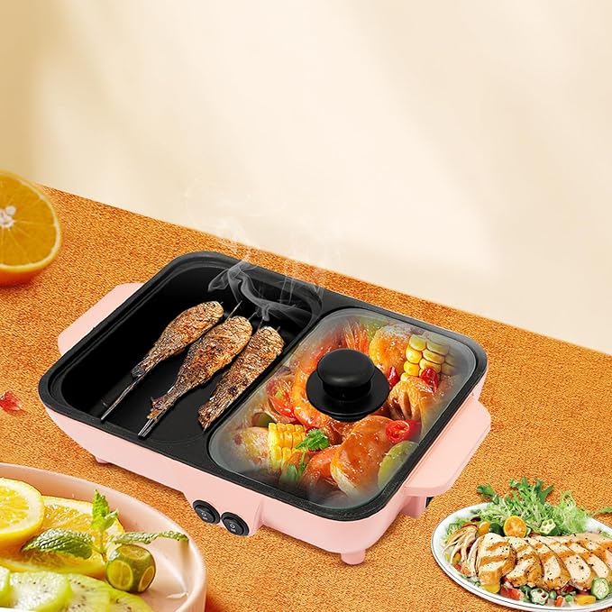 2-in-1 Electric Grill with Hot Pot 1200W 110V, Portable Electric Hot Pot Barbecue Grill Non-Stick Teppanyaki Pan Indoor Multifunctional Hot Pot Split-Design Baking Tray (Black)