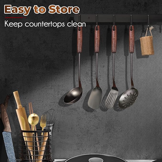 MARTE 18/10 Stainless Steel Cooking Utensil Set with Holder - 5 PCS Kitchen Serving Utensils Set - Spatula,Soup Ladle,Skimmer Slotted Spoon,Turner Spatula - Black Cooking Tools - Dishwasher Safe