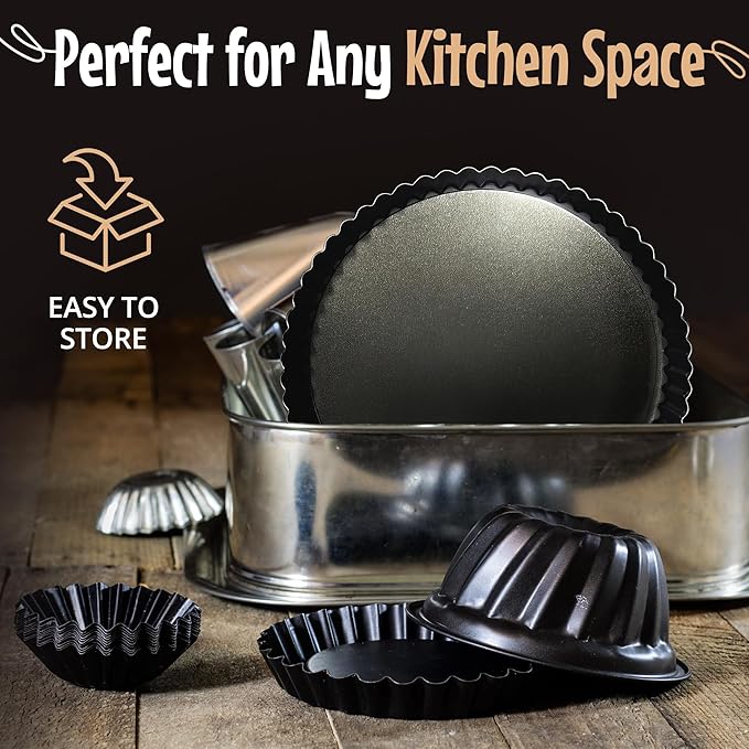 YUMTART 9 Inch Tart Pan with Removable Bottom – Non-Stick Deep Fluted Quiche and Pie Pan, Carbon Steel Loose Bottom Tart Pan, 9.5 Inch Top / 9 Inch Base, 1.1 Inch Deep Baking Pan