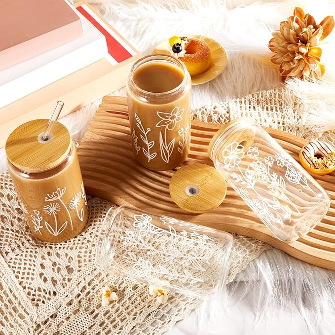 Mumufy 12 Pack Wedding Glass Tumblers Boho Floral 16oz Iced Coffee Cups with Bamboo Lids and Straws Elegant Bridal Shower and Bridesmaid Gifts