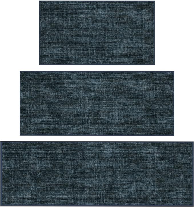 Ottomanson 3-Piece Kitchen Rug Set - Non Slip Runner & Washable Mat - 1'11" x 3' + 1'11" x 4' + 1'11"' x 5' - Durable, Stain Resistant for Entryway, Bedroom and Bathroom, Solid Charcoal Navy