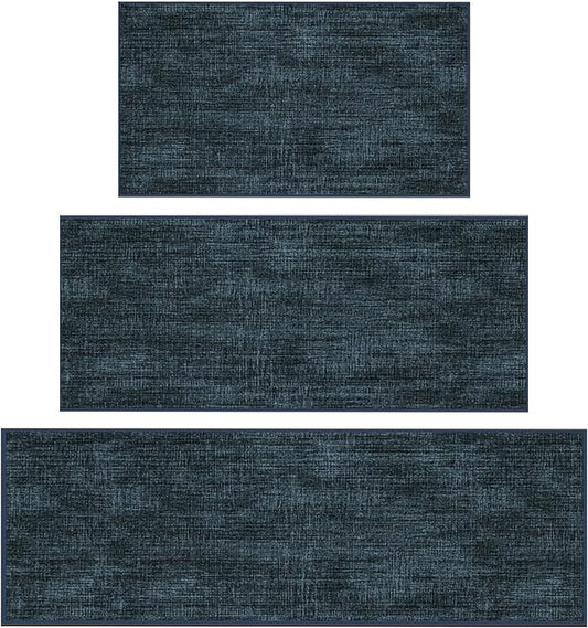 Ottomanson 3-Piece Kitchen Rug Set - Non Slip Runner & Washable Mat - 1'11" x 3' + 1'11" x 4' + 1'11"' x 5' - Durable, Stain Resistant for Entryway, Bedroom and Bathroom, Solid Charcoal Navy