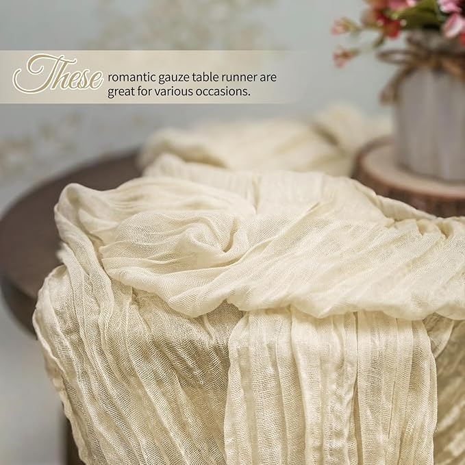 12 Pack Ivory Cheesecloth Table Runner 10Ft, Gauze Table Runners 21.5 x 120 inch,Semi Sheer Cheese Cloth Fabric Runner Bulk for Wedding,Party,Baby Shower,Bridal Shower