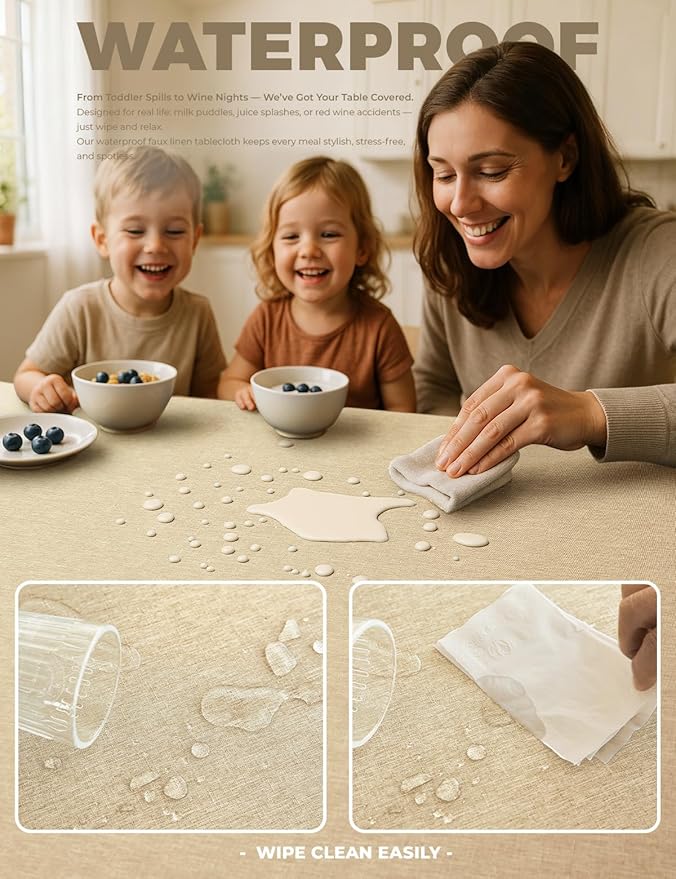 Faux Linen Small Rectangle Tablecloth for Kitchen Dining Room,Outdoor Coffee Wrinkle Resistant Washable Table Cloth Covers for Wedding, Picnics, Party(Oblong,52 x 70 Inch (4-6 Seats), Beige)