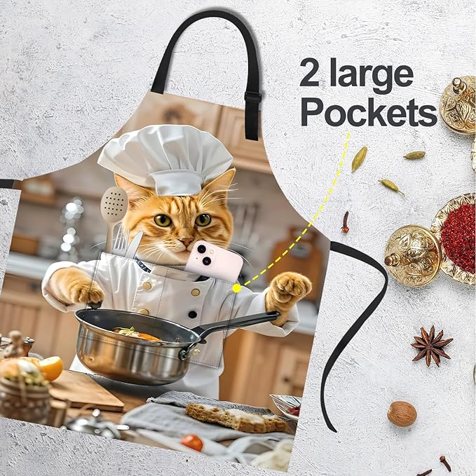 Funny Cat Apron with 2 Pockets Waterproof for Men Women Kitchen Garden Decor