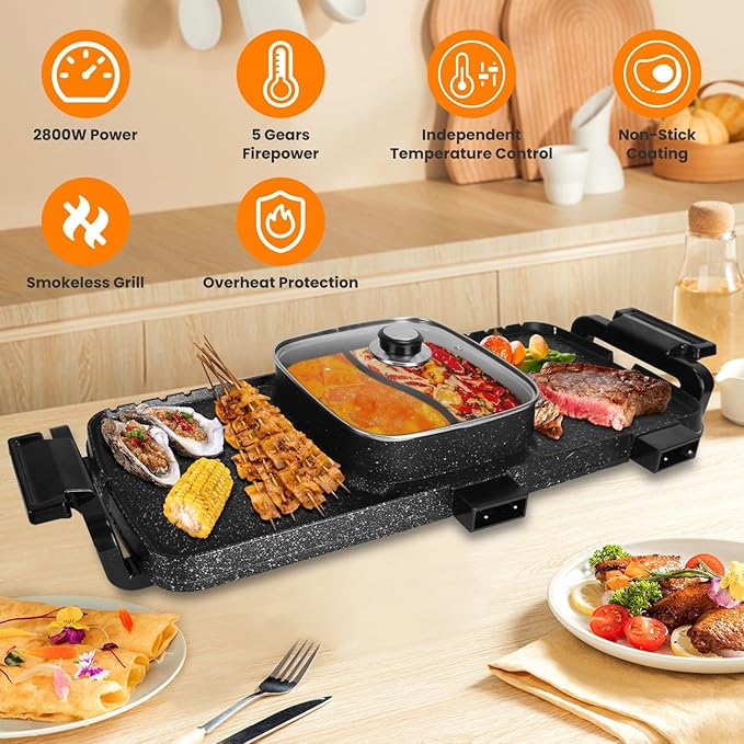 2 in 1 Hot Pot with Grill, Electric Hot Pot 2 in 1 Hot Pot BBQ Grill, Removable Hotpot Pot 2800W /Large Capacity Power Separate Temperature Control, Electric Grill for 2-10 People