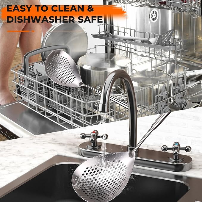 MARTE Skimmer Slotted Spoon,304 Stainless Steel Pasta Spider Strainer Ladle for Frying and Cooking, Set of 2 Colanders & Food Strainers，Kitchen Utensils Spaghetti Spoon with Heat-Resistant Handle
