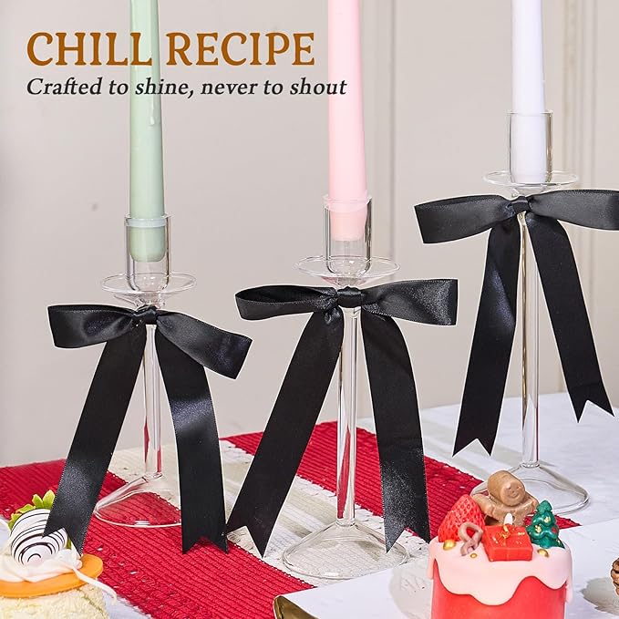 CHILL RECIPE Bow Candle Holder Glass Taper Candlestick Holders with Built-in Candle Drip Protectors Bows Decor for Table Centerpiece Wedding Party Halloween(Black)