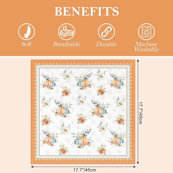 Fall Pumpkins Print Cloth Napkins 100% Cotton, 18" X 18" Dinner Napkins Cloth Set, Washable Napkins for Home, Kitchen, Dinner, Party, Wedding, Cocktail, Set of 6