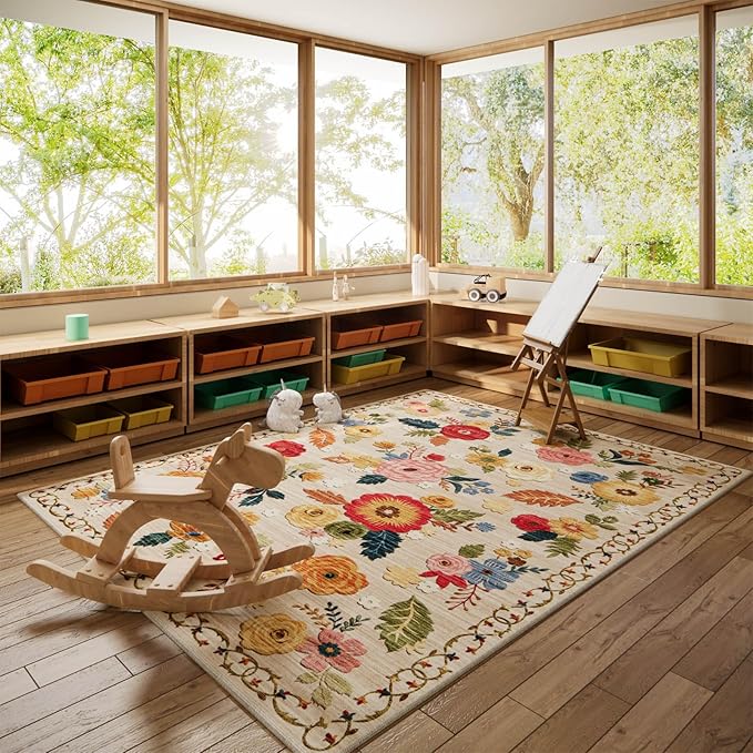 8x10 Area Rugs for Living Room: Washable Rug Stain Resistant Distressed Vintage Floral Rug Non Slip Low Pile Faux Wool Soft Large Area Rugs for Bedroom Bedside Farmhouse Dining Room Kids Nursery