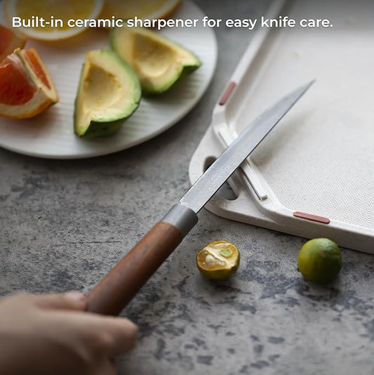 yuriya Plastic Cutting Board for Kitchen, Dishwasher Safe, Double-Sided Wheat Straw Board with Knife Sharpener and Garlic Grinder, Non-Slip, Juice Groove, Meat Grip Spikes, BPA-Free, Sand Beige