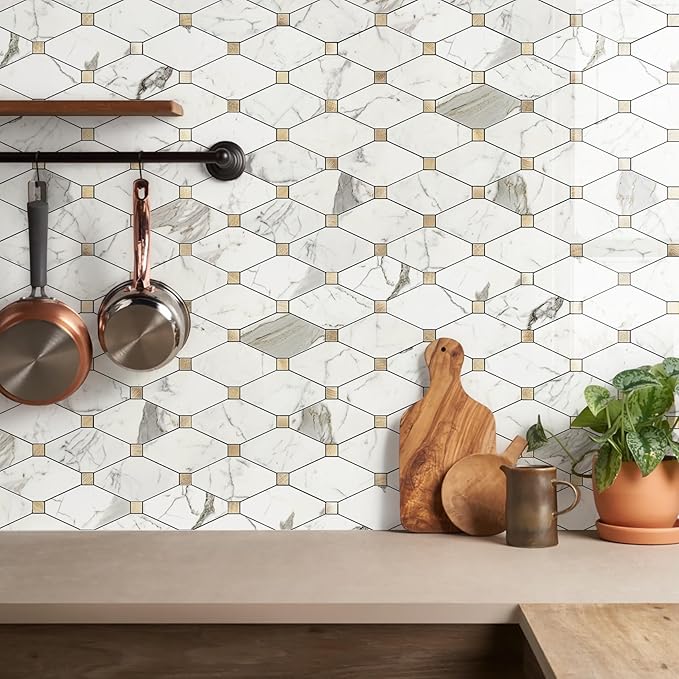 STICKGOO 10 Sheets Peel and Stick Backsplash Tile, Polished Carrara White Marble Look Stick on Backsplash for Kitchen Wall and Bathroom, Glossy Waterproof Self Adhesive Wall Tiles