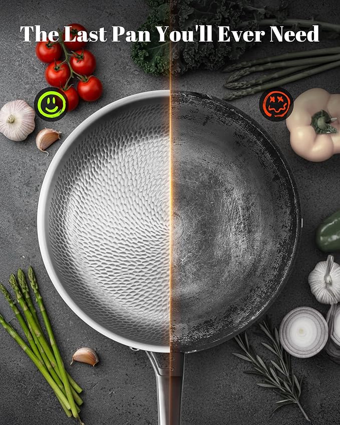 Titanium Pan, 12 Inch Pure Titanium Hammered Pro frying pan with Lid, Non Stick Skillet for Cooking, Non-Toxic, PFAS/PFOA/PTFE Free Cookware, Dishwasher&Oven Safe, Kitchen Induction Compatible