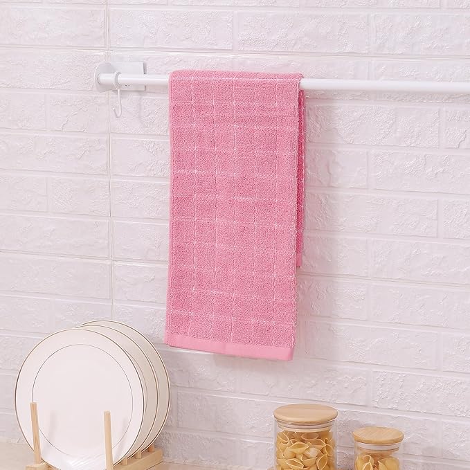 Mordimy 100% Cotton Terry Cloth Kitchen Towels, Super Soft and Absorbent Dish Towels for Drying, Checkered Designed Hand Towels for Kitchen, 16 x 26 Inches, 4 Pack, Pink