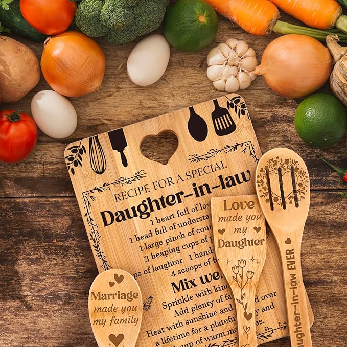 Gifts for Daughter in Law - "Recipe for a Special Daughter-in-Law" Daughter in Law Birthday Gifts Cutting Board Set, Bamboo-Made Engraved Utensil Set Birthday Gifts for Daughter in Law
