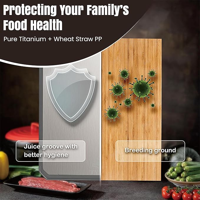 TYSAN Titanium Cutting Board for Kitchen – 2 in 1 Metal Cutting Board for Chopping Meat/Vegetables – Double Sided Pure Titanium & Wheat Straw PP Chopping Board – Food Grade – Large Size 16”×11”