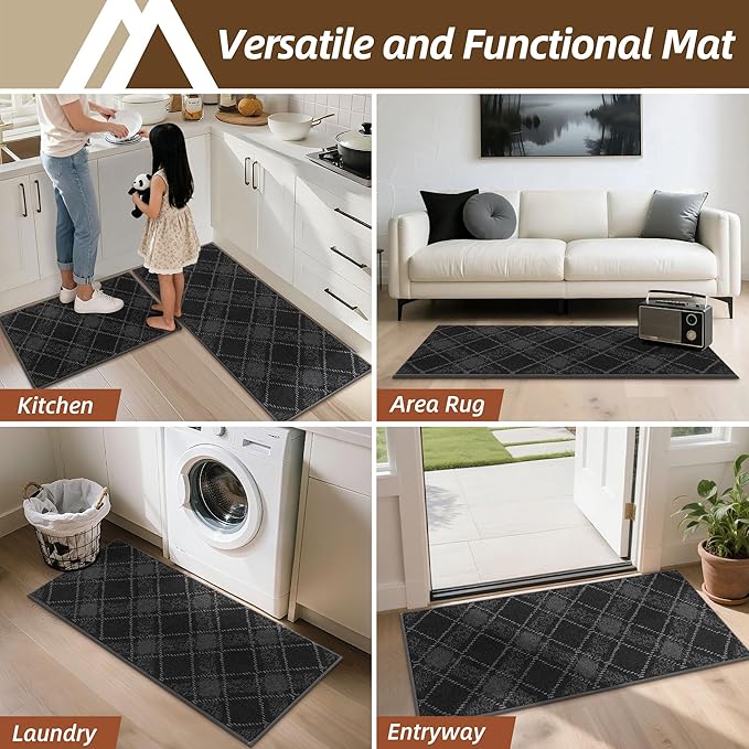 COSY HOMEER Kitchen Rugs and Mats Sets 2PCS Non-Slip Soft Kitchen Mats for Floor Absorbent and Stain Resistant Kitchen Floor Mat Washable Plaid Rugs for Kitchen,20"x32"+20"x48",Dark Grey