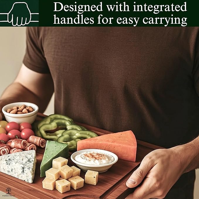Forestroot Bamboo Cutting Board Set – 3-Piece Wooden Kitchen Boards for Meal Prep & Serving – Durable Bamboo with Deep Juice Groove & Side Handles – Great for Meat, Vegetables & Charcuterie(Brown)
