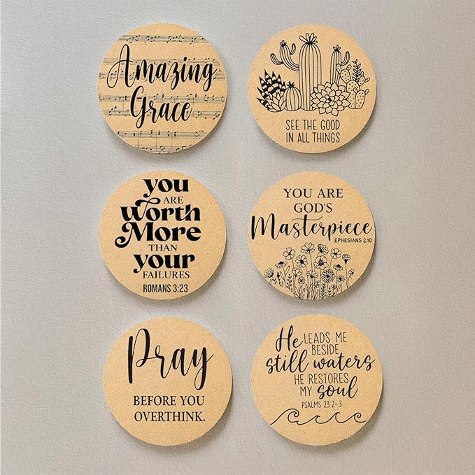 Coasters for Drinks with Holder Set of 6, Inspirational Cork Coaster Absorbent for Office Desk Inspired Table Coasters Kitchen Decor House Warming Gifts for New Home Couples, Round 4"
