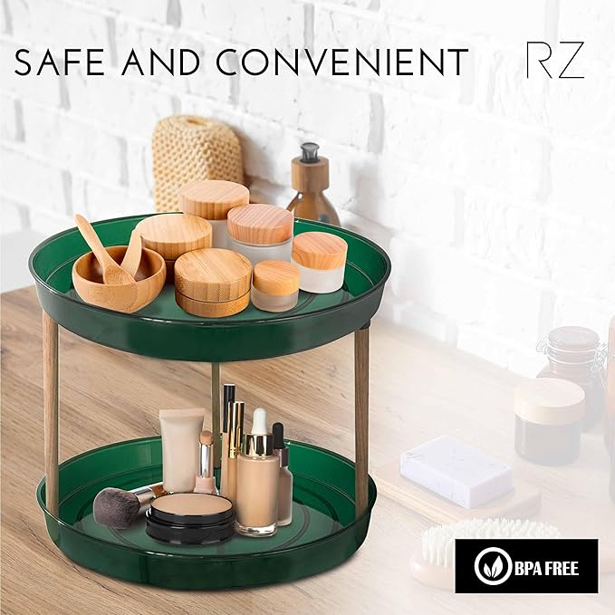 Rachel Zoe 2 Tier Lazy Susan Organizer, Wood Two Tier Lazy Susan Turntable, 360° Spin Tray Organizer, Pantry Spice Organizer for Kitchen, Rotating Bathroom Counter Organizer