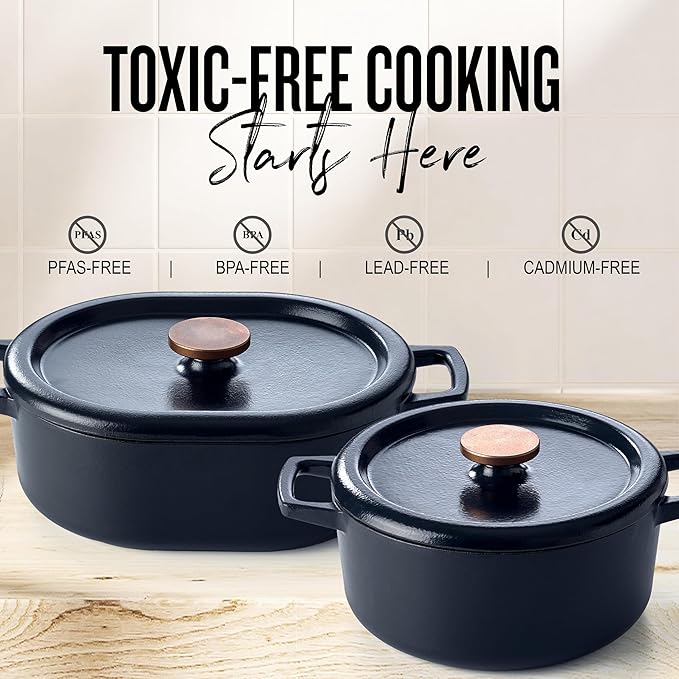 Alva Nori 6-Qt Enameled Cast Iron Dutch Oven – Made With No PTFE/PFOA/PFAS, Oven & Induction Safe – 3-Layer Enamel, No Seasoning Needed – Durable, Easy-Clean Cookware for Healthy Cooking, Black