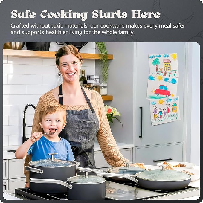 Premium Non-Toxic Ceramic Cookware Set – Triple-Layer Nonstick 12 Piece Pots and Pans with Lids, PFAS-Free, Oven Safe for Healthy Meals, Space-Saving Design, Midnight Gray Color | Greater Goods