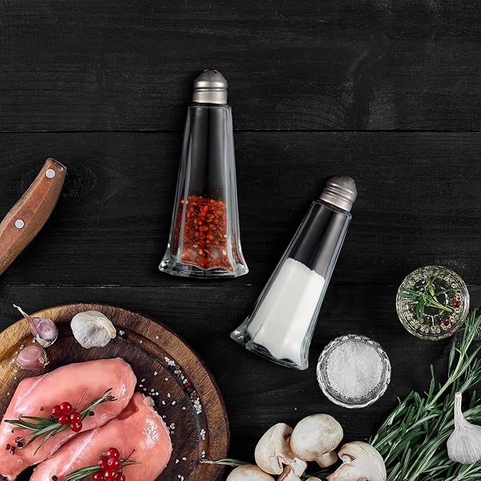 Bokon Set of 24 Tower Glass Salt and Pepper Shakers Bulk 1oz Small Tower Spice Shakers Refillable with Stainless Steel Chrome Top Lid for Home Restaurant Kitchen Seasonings Supplies