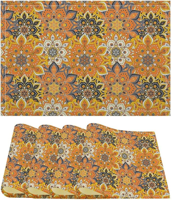 Mandala Placemats Set of 4 Vintage Bohemia Orange Flower Art Printed Dining Table Mats for Restaurant Home Kitchen Holiday Picnic Party Decor 12x18in