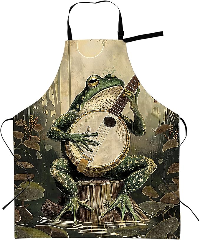 Banjo Playing Frog Apron with Adjustable Neck Strap,Woodland Musical Kitchen Aprons with 2 Pockets for Women,28x33in,Oxford Fabric,Gifts for Wife Mom,For Chef Cooking Baking Gardening BBQ
