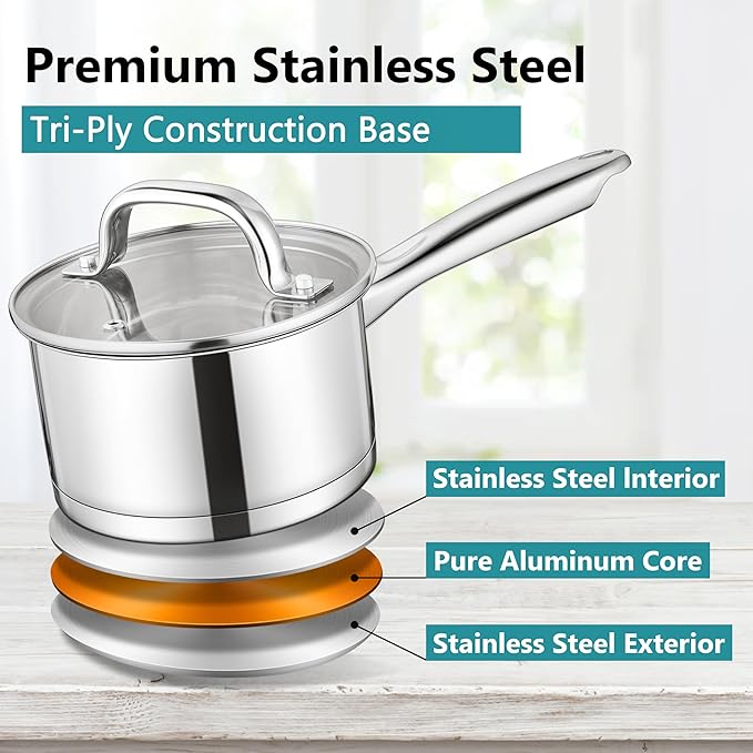E-far Stainless Steel Saucepan with Lid Set - 2QT & 3QT, Triply Sauce Pan Induction Pot for Cooking, Boiling, Compatible with All Stoves, Visible Lid, Healthy & Non Toxic, Oven & Dishwasher Safe
