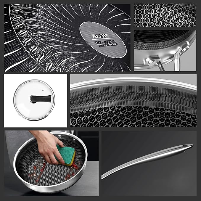 CATHYLIN 14" Honeycomb Non Stick Wok Pan Stainless Steel Stir-fry Wok with Lid,Skillet with Stay-cool Handle PFOA Free Suitable for Induction, Ceramic, Electric, and Gas Cooktops (Sliver, 14 Inches)