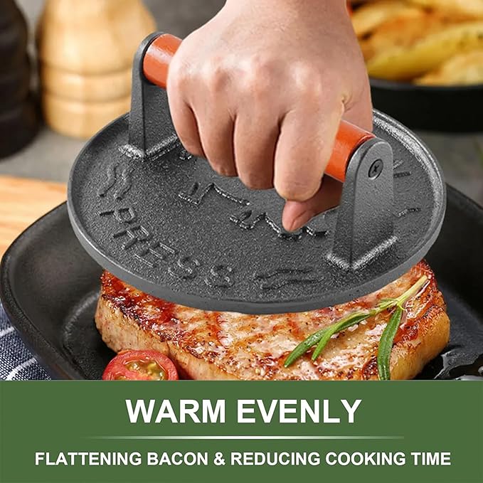 Bacon Press 2.5 lb Heavy Weight Cast Iron Burger Smasher Tool for Griddle,Grill,Skillet,Hamburger,Steak,Patty,BBQ,Sausage,Sandwich Maker,7.2 inch Round
