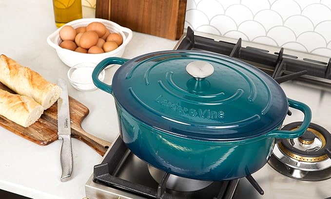 Larder & Vine 6-Piece Enameled Cast Iron Pan Cookware Sets, Includes 8 Quart and 5.7 Quart Dutch Oven with Lids, Braiser/Crock Pot with Lid (Bondi)