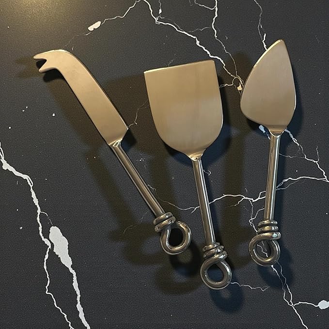 Cheese Knife Set of 3 Charcuterie Accessories w/Storage Bag/Hand-Crafted Cheese Knives with Knots Made of Stainless Steel/Dishwasher Safe/Cheeseboard Gift Set