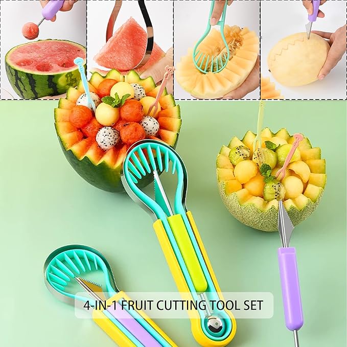 4-in-1 Stainless Steel Fruit Cutter Set, Cantaloupe & Watermelon Cutter, Melon Slicer with Removable Blades, for Watermelon, Kiwi, Dragon Fruit, Kitchen Gadget