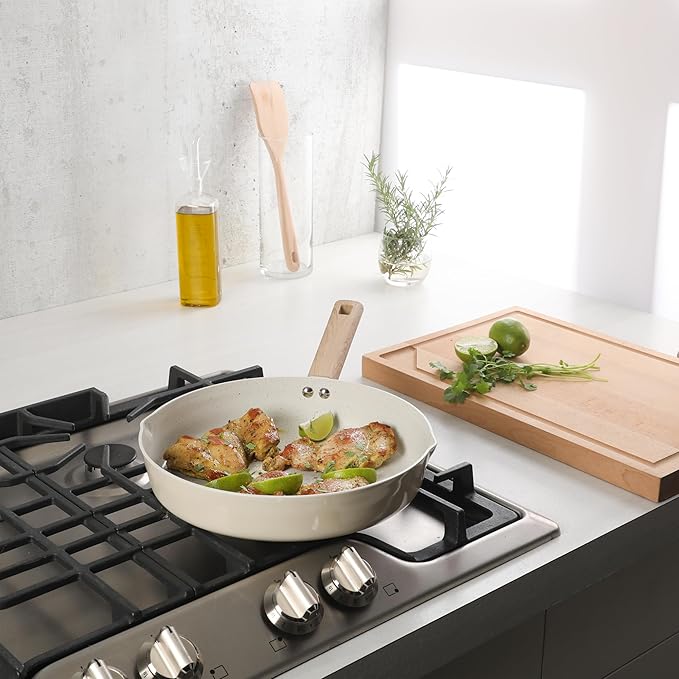 Gibson Home Marbleton 11 Inch Large Aluminum Fry Pan Cookware Non-Toxic Premium Ceramic Non Stick Frying Pan, Kitchen Egg Pan, Omelet Pan, Always Pan, Pots and Pans, Taupe, Induction Safe