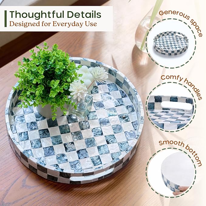 12.6 Inch Round Capiz Shell Decorative Tray with Handles, Serving Tray for Coffee Table & Ottoman, Coffee Table Trays for Living Room, Kitchen, Bathroom (Navy Blue)