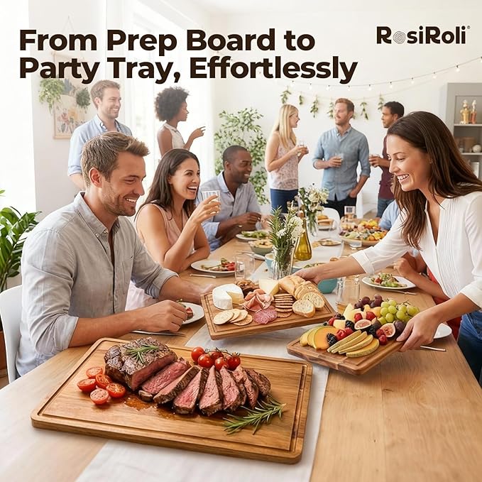 RosiRoli Acacia Wood Cutting Board for Kitchen - 17"x12" Large Chopping Board with Juice Grooves & Handles, 1" Thick FSC Certified Butcher Block Cutting Board for Meat and Veggies, Ideal Gift