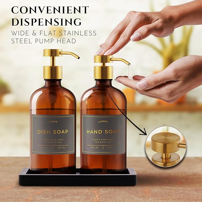 Lotion, Hand & Dish Soap Dispenser for Kitchen & Bathroom | Soap Dispenser Set of 2 16.8 Oz Glass Bottles with Stainless Steel Pump, 15 Water Proof Labels & Silicon Tray (Amber/Gold)
