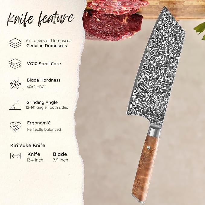 zayiko Kinone Kiritsuke Knife – 7.9-Inch Damascus Chef Knife | 67 Layers Damascus Steel with VG10 Core | Ergonomic Birch Root Wood Handle | Professional Kitchen Knife in Gift Box