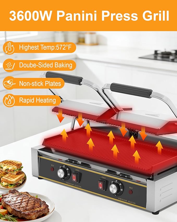 Commercial Panini Press - 3600W Commercial Electric Sandwich Maker w/Dual Independent Temp Controls, Double-Sided Heating, Panini Grill Press 19"x9" Nonstick/Grooved Plates for Panini & Sandwiches
