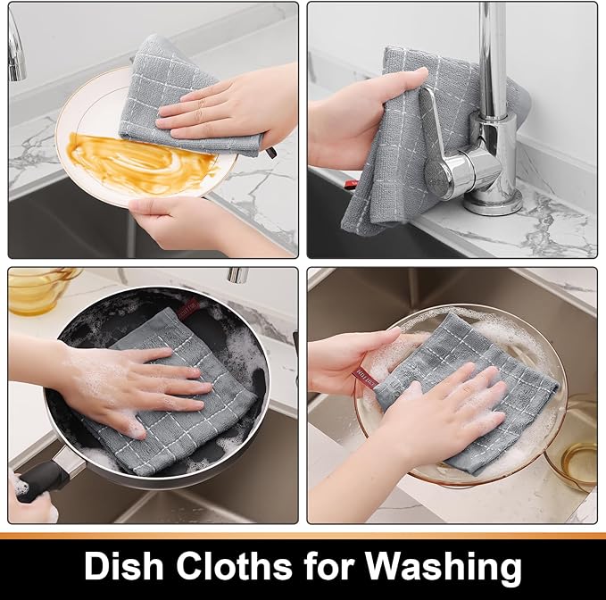 Mordimy 100% Cotton Terry Cloth Dish Cloths, Soft and Absorbent Checkered Dish Towels, Quick Drying Dish Rags for Washing Dishes, 12 Pack, 12 x 12 Inches, Light Grey