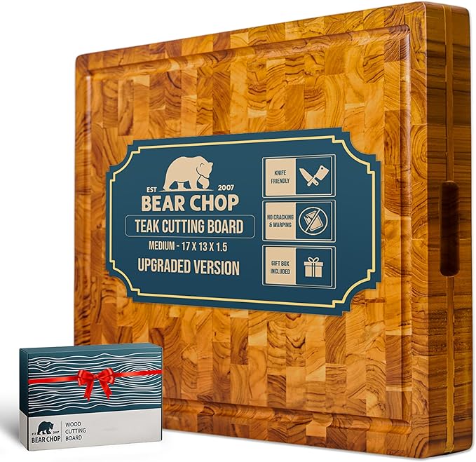 Bearchop Teak Cutting Boards for Kitchen, [17" x 13" x 1.5"] Medium End Grain Cutting Boards, Solid Teak Wood Butcher Block Cutting Board with Juice Grooves and Handle, Knife Friendly and Reversible