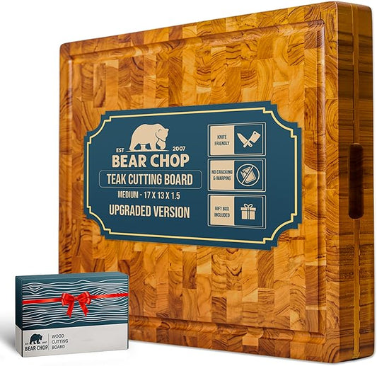 Bearchop Teak Cutting Boards for Kitchen, [17" x 13" x 1.5"] Medium End Grain Cutting Boards, Solid Teak Wood Butcher Block Cutting Board with Juice Grooves and Handle, Knife Friendly and Reversible